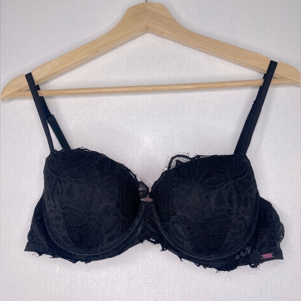 PINK VICTORIA SECRET BLACK LACE BRA WITH ADJUSTABLE STRAPS SIZE 32C